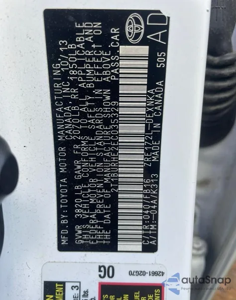 2014 Toyota Corolla L из США, поврежденный, VIN 2T1BURHE2EC035329